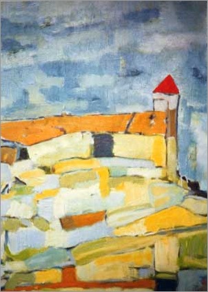 Oelbild mit dem Titel Haus am Abgrund